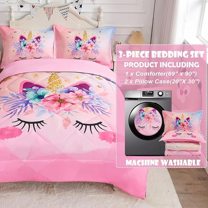 Pink Unicorn Queen Bedding Set for Girls 3 Piece Kids Comforter Set Cartoon Unicorn Flowers Quilt Set Bed in A Bag Lightweight Duvet Bed Set for Kids Teen Girls Women Bedroom Decor with 2 Pillowcases