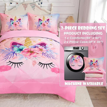 Pink Unicorn Queen Bedding Set for Girls 3 Piece Kids Comforter Set Cartoon Unicorn Flowers Quilt Set Bed in A Bag Lightweight Duvet Bed Set for Kids Teen Girls Women Bedroom Decor with 2 Pillowcases
