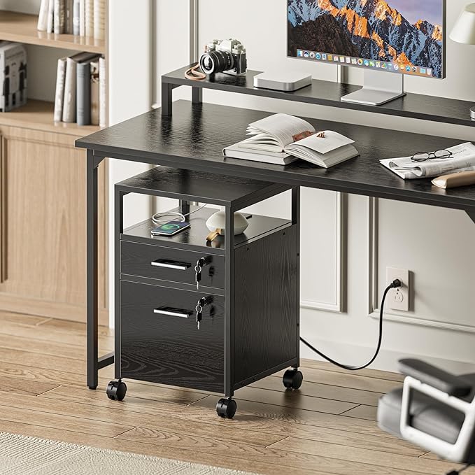 SUPERJARE File Cabinet with Lock & Charging Station, 2 Drawers Rolling Filing Cabinet, Office File Cabinet with Wheels & Open Shelf, for Home Office, A4/Letter Size Files Under Desk - Black