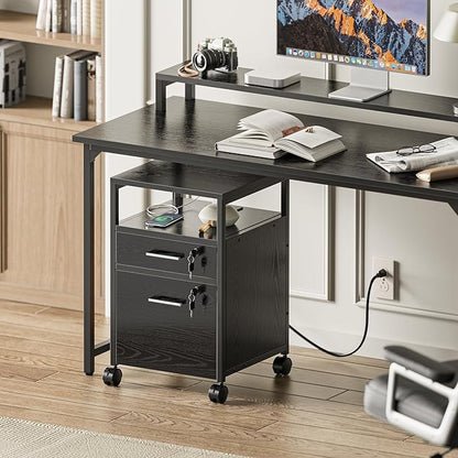 SUPERJARE File Cabinet with Lock & Charging Station, 2 Drawers Rolling Filing Cabinet, Office File Cabinet with Wheels & Open Shelf, for Home Office, A4/Letter Size Files Under Desk - Black