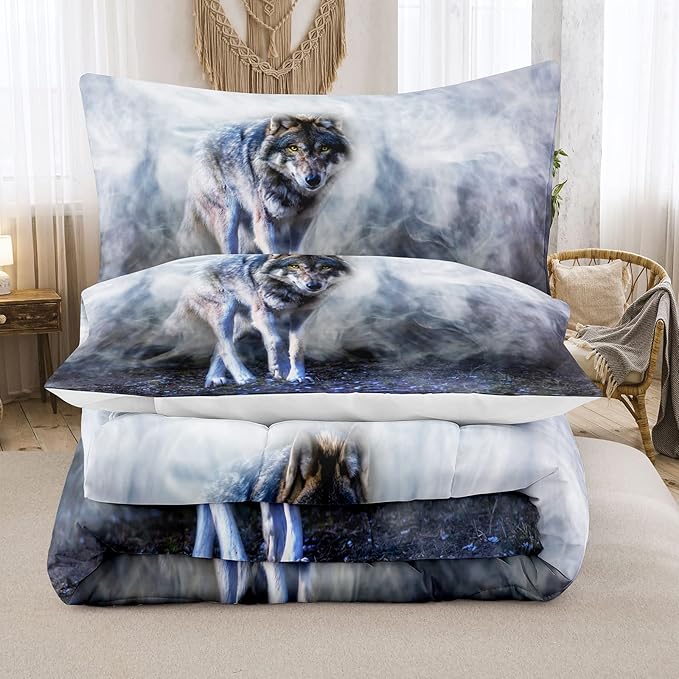 Bodhi Wild Wolf Comforter Set Twin for Boys,Mens Wolf Bedding Set, Wolf Standing in The Forest Surrounded by Fog, Wolf Comforter with Matching Pillowcases, 1 Comforter+1 Pillow Shams #4018