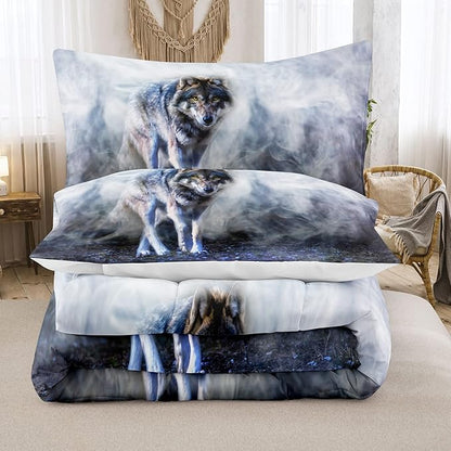 Bodhi Wild Wolf Comforter Set Twin for Boys,Mens Wolf Bedding Set, Wolf Standing in The Forest Surrounded by Fog, Wolf Comforter with Matching Pillowcases, 1 Comforter+1 Pillow Shams #4018
