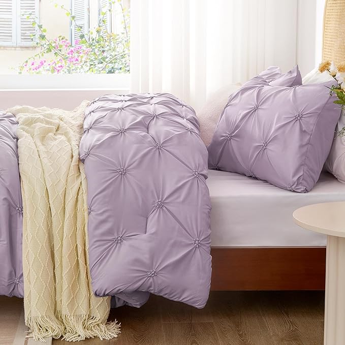 BEDELITE Light Purple King Size Comforter Set - 3 Pieces Boho Pintuck Bedding Comforter Sets, Lightweight Soft & Warm King Bedding Set with 2 Pillowcases for All Season