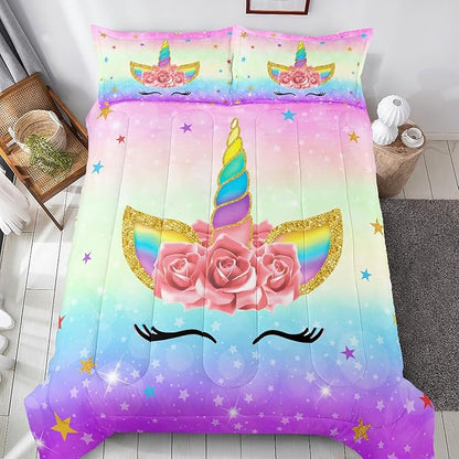 Unicorn Bedding Twin for Girls, Colorful Rainbow Comforter Set with Pink Unicorn Bedding Comforter, Cute Bed Set for Kids Teens, Ultra Soft and Fluffy