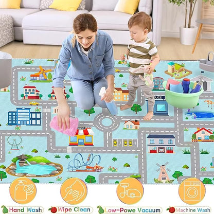 Kids Car Rug, 6x9 City Life Traffic Road Playmat for Toy Cars Trains, Non-Slip Race Track Carpet Educational Fun Area Rugs for Boy and Girl Bedroom Nursery