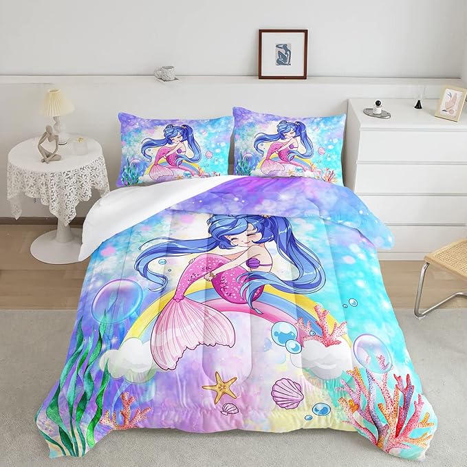 Datura home Kids Mermaid Comforter Set for Girls Women,Cute Mermaid Girl and Rainbow Shell Starfish Printed Pattern Blue Kawaii Bedding Set with 2 Pillowcases(Mermaid Girl Full)