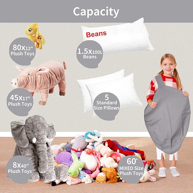 Aubliss Stuffed Animal Storage Bean Bag Chair Cover (No Beans)，Stuff and Sit Storage Bean Bag for Kids Toy Storage，Medium 32"-Canvas Solid Grey