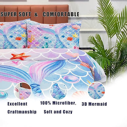 NINENINE Mermaid Bedding Sets,Girls Comforter Sets Queen, Princess Bedding Queen,Mermaid Comforter Ocean Fish Scales Bedding Sets with 1 Comforter 2Pillowcases