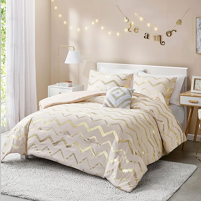 Codi Cream White and Gold Comforter Set for Twin/Twin XL Size, Cute Metallic Ivory Bed Sets, 3 Piece (1 Matching Sham + 1 Decorative Pillow)