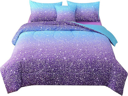 JQinHome Queen Blue Purple Comforter Set, 6 Piece Bed in A Bag 3D Colorful Ombre Bedding Set for Girls Women (1 Comforter,2 Pillowcases,1 Flat Sheet,1 Fitted Sheet,1 Cushion Cover)(Blue Purple)