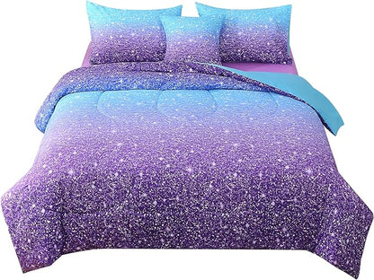JQinHome Full Blue Purple Comforter Set, 6 Piece Bed in A Bag 3D Colorful Ombre Bedding Set for Girls Women (1 Comforter,2 Pillowcases,1 Flat Sheet,1 Fitted Sheet,1 Cushion Cover)(Blue Purple)