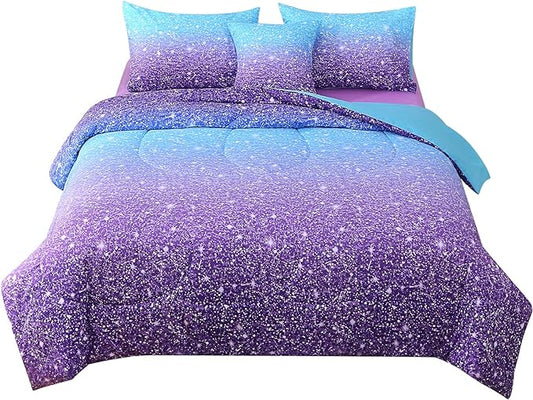 JQinHome Full Blue Purple Comforter Set, 6 Piece Bed in A Bag 3D Colorful Ombre Bedding Set for Girls Women (1 Comforter,2 Pillowcases,1 Flat Sheet,1 Fitted Sheet,1 Cushion Cover)(Blue Purple)