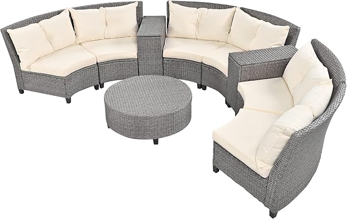 Outdoor 9 Pieces Patio Furniture Half Moon Wicker Sofa Sets, Fan-Shaped Curved Sectional Couch with Coffee Table&Beige Cushions, 1, Gray Rattan