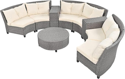 Outdoor 9 Pieces Patio Furniture Half Moon Wicker Sofa Sets, Fan-Shaped Curved Sectional Couch with Coffee Table&Beige Cushions, 1, Gray Rattan