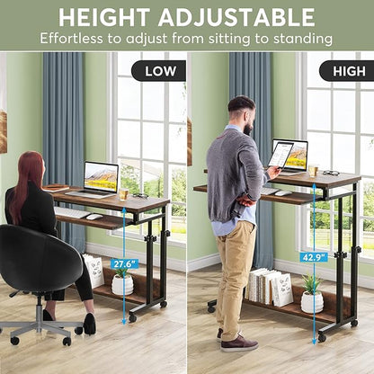 Tribesigns Portable Desk for Sofa and Bed, Height Adjustable Laptop Table Small Standing Desk Rolling Computer Cart with Keyboard Tray on Wheels for Home Office