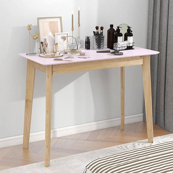 TaoHFE Pink Vanity Desk with Solid Rubber Wood Legs Glossy Pink 39 Inch Vanity Table Computer Desk for Home Small Spaces Girl Makeup Desk Modern Vanity Desk No Mirror Dressing Table for Bedroom