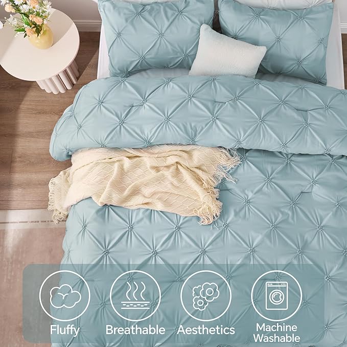 BEDELITE Light Blue Twin Comforter Set for Girls - 2 Peices Boho Pintuck Bedding Comforter Sets, Lightweight Soft & Warm Twin Bedding Sets with 1 Pillowcase for All Season