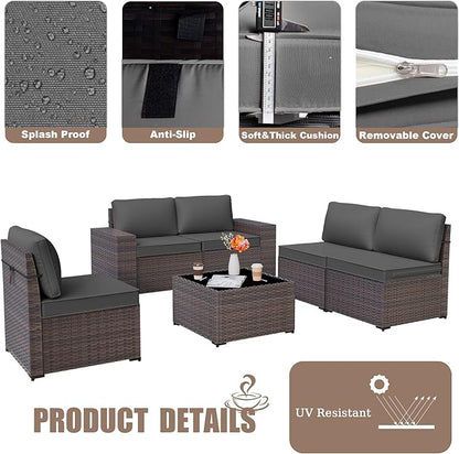 Patio Furniture Set Sofa 6-Piece Wicker PE Rattan Sectional Sofa Set, Outdoor Furniture Patio Conversation Set with Glass Coffee Table, Grey