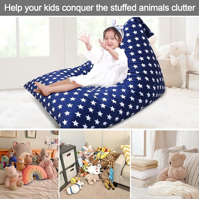 Jorbest Stuffed Animal Storage Bean Bag Chair for Kids and Adults, Stuffed Animal Bean Bag Storage, Luxury Velvet Soft Bean Bag Cover Only (Navy with White Stars 200L/52 Gal)