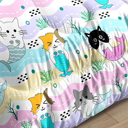 Cartoon Cat Comforter Set for Girls - Full Size Girls Cat Bedding Set for Bedroom Ultra Soft Warm Cute Mermaid Tail Cat Patterns Comforter Set for All-Season, 1 Comforter with 2 Pillowcases