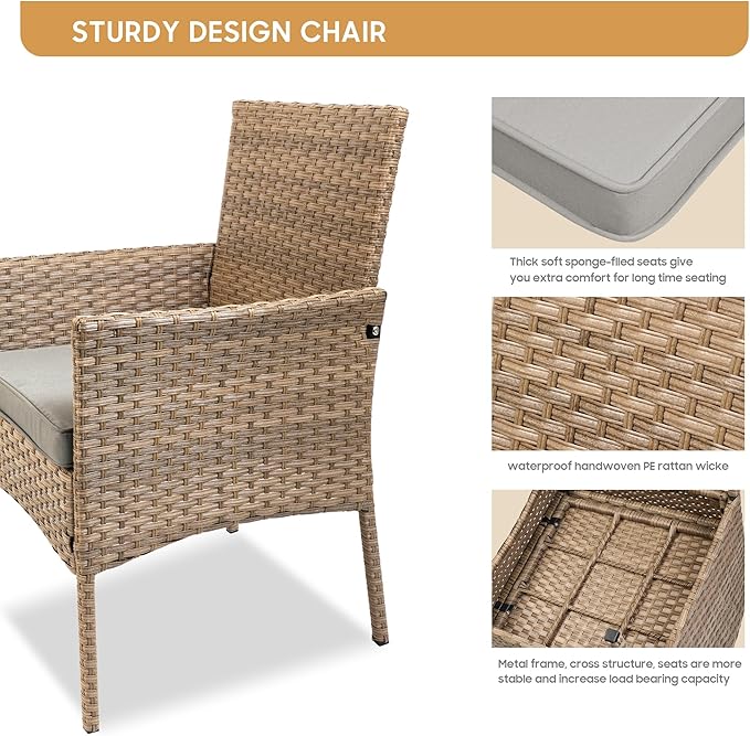 YIYAN 3 Pieces Patio Bistro Set Outdoor Wicker Furniture Outdoor Porch PE Rattan Wicker Chairs Furniture Sets with Sofa Chairs,Glass Coffee Table and Gray Washable Cushion