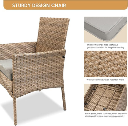 YIYAN 3 Pieces Patio Bistro Set Outdoor Wicker Furniture Outdoor Porch PE Rattan Wicker Chairs Furniture Sets with Sofa Chairs,Glass Coffee Table and Gray Washable Cushion