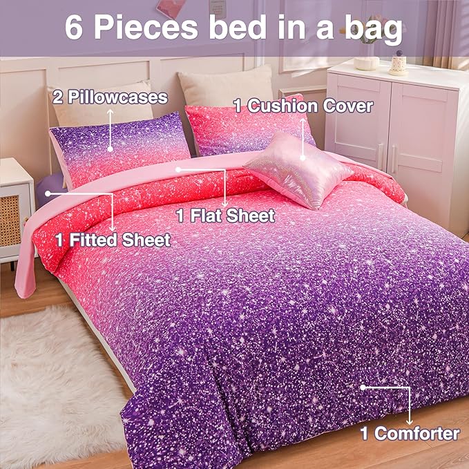 A Nice Night Girls Comforter Set Full 6 Piece Bed in A Bag 3D Colorful Sparkle Galaxy Rainbow Bedding Comforter Sheet Sets for Kids,RedPurple