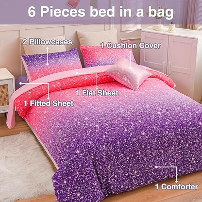 A Nice Night Girls Comforter Set Full 6 Piece Bed in A Bag 3D Colorful Sparkle Galaxy Rainbow Bedding Comforter Sheet Sets for Kids,RedPurple