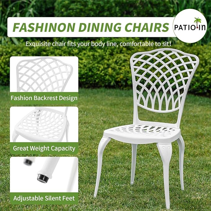 3 Piece Outdoor Bistro Set, Cast Aluminum Bistro Table and Chairs, Rust-Resistant Patio Furniture Set, White Bistro Set 3 Piece Outdoor for Garden, Backyard, Balcony