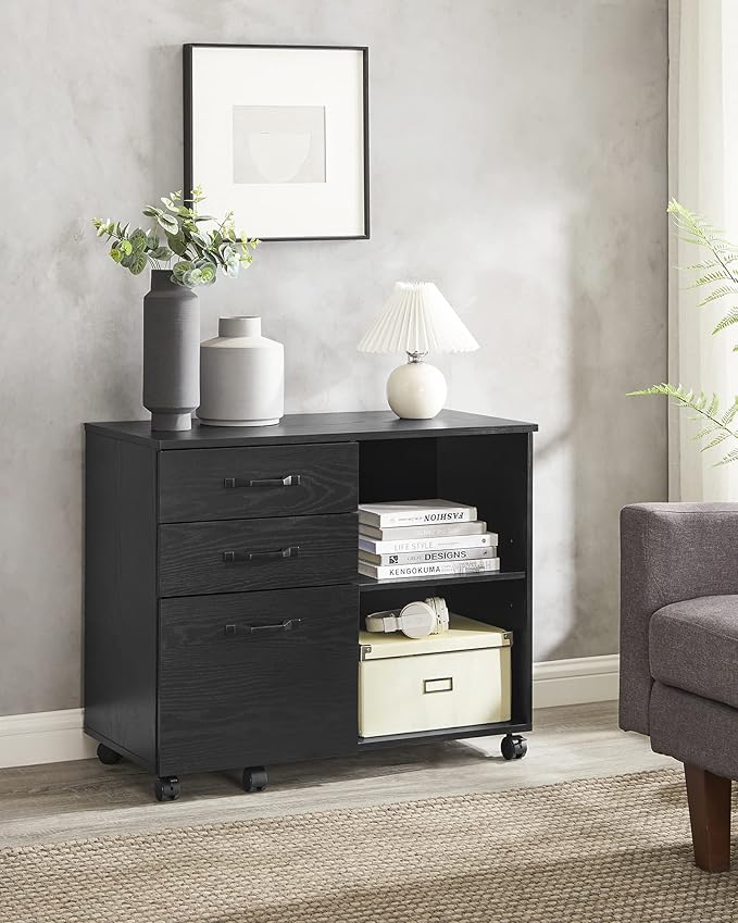 VASAGLE Lateral File Cabinet, Home Office Printer Stand, with 3 Drawers and Open Storage Shelves, for A4, Letter-Size Documents, Black with Wood Grain