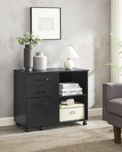 VASAGLE Lateral File Cabinet, Home Office Printer Stand, with 3 Drawers and Open Storage Shelves, for A4, Letter-Size Documents, Black with Wood Grain