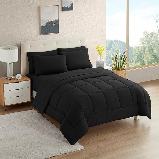 Dorm Room Essentials College Bedding Comforter Set 7 Piece Full Size Bed in a Bag for College Students Boys and Girls, Full, Black
