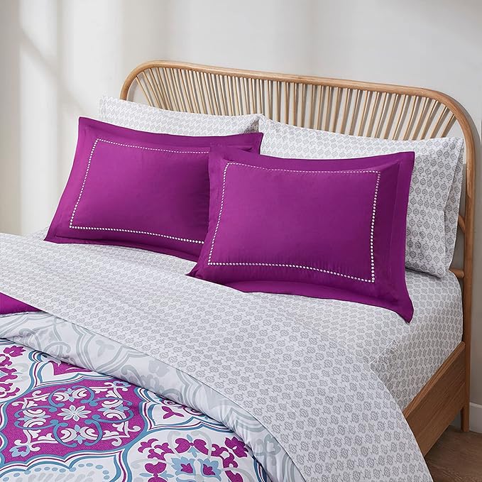 Degrees of Comfort Full Size Complete Comforter Sets, Lattice Boho Bed in A Bag,Microfiber Bedding Set with Side Pockets, Matching Decorative Pillow, 8 Piece Purple
