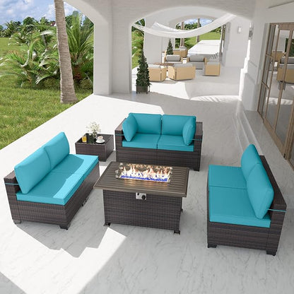 Patio Furniture Set with Fire Pit Table 8 PCS Outdoor Sectional Furniture Outdoor Rattan Patio Conversation Sets with 43in 55,000 BTU Propane Gas Fire Pit Table Glass Table, Blue