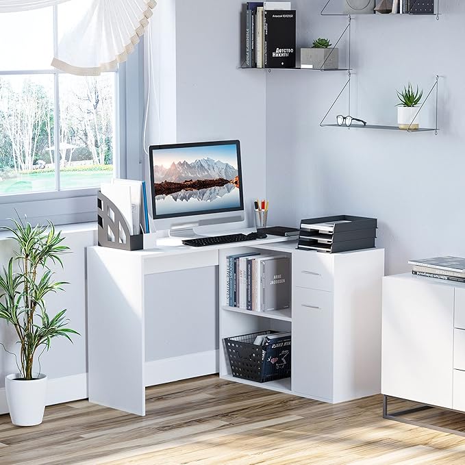 HOMCOM L Shaped Computer Desk, 180° Rotating Corner Desk with Storage Shelves, Drawer and Cabinet, Study Workstation for Home Office, White