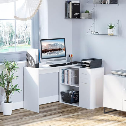 HOMCOM L Shaped Computer Desk, 180° Rotating Corner Desk with Storage Shelves, Drawer and Cabinet, Study Workstation for Home Office, White