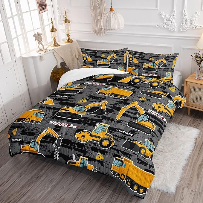 Datura home Kids Engineering Car Bedding Comforter Set Tractor Truck Printed Pattern with 1 and 2 Pillowcases for Boys Bedroom All Season(Truck2 Queen) Queen 90x90inches