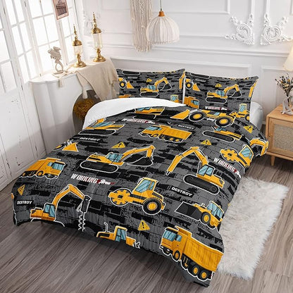 Datura home Kids Engineering Car Bedding Comforter Set Tractor Truck Printed Pattern with 1 and 2 Pillowcases for Boys Bedroom All Season(Truck2 Queen) Queen 90x90inches