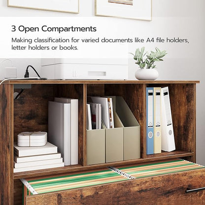 HOOBRO File Cabinet, Mobile Lateral Filing Cabinet with Charging Station, Wooden Printer Stand with Open Storage Shelf, for Home Office, Small Spaces, A4/Letter Size, Rustic Brown FG22UWJ01