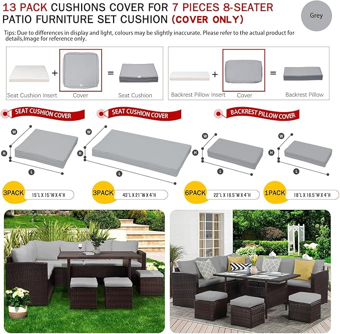 ClawsCover 13Pack Outdoor Seat and Back Cushions Replacement Covers Fit for 7Pieces Wicker Rattan Patio Furniture Set Sectional Couch with Dining Table and Ottoman,Gray-Include Cover Only