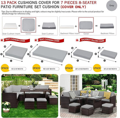 ClawsCover 13Pack Outdoor Seat and Back Cushions Replacement Covers Fit for 7Pieces Wicker Rattan Patio Furniture Set Sectional Couch with Dining Table and Ottoman,Gray-Include Cover Only