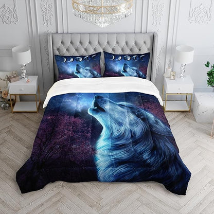Wolf Comforter Set Galaxy Night Moon Bedding Set 3Pcs Howling Wolf Down Lunar Eclipse Bed Set for Kids Teens Room Decor Wild Animals Comforter with 2 Pillowcases