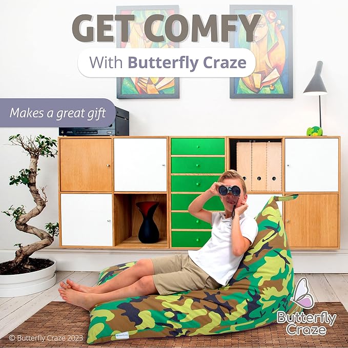 Butterfly Craze Bean Bag Chair Cover, Functional Toddler Toy Organizer, Fill with Stuffed Animals to Create a Jumbo, Comfy Floor Lounger for Boys or Girls, Stuffing Not Included, Camo