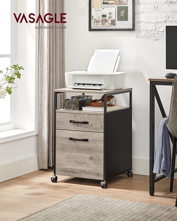 VASAGLE File Cabinet, Mobile Filing Cabinet with Wheels, 2 Drawers, Open Shelf, for A4, Letter Size, Hanging File Folders, Heather Greige and Ink Black UOFC071B02