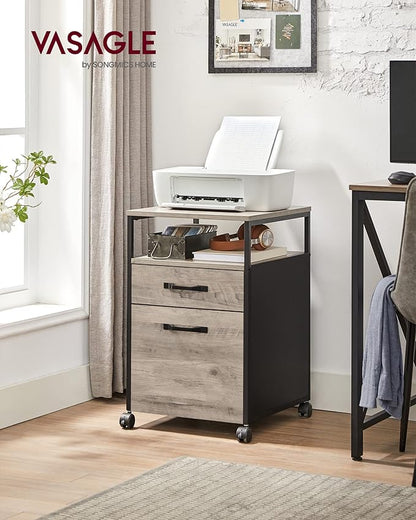 VASAGLE File Cabinet, Mobile Filing Cabinet with Wheels, 2 Drawers, Open Shelf, for A4, Letter Size, Hanging File Folders, Heather Greige and Ink Black UOFC071B02