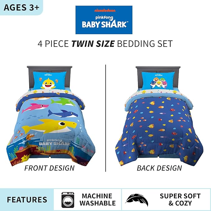 Franco Kids Bedding Super Soft Comforter and Sheet Set, 4 Piece Twin Size, Baby Shark