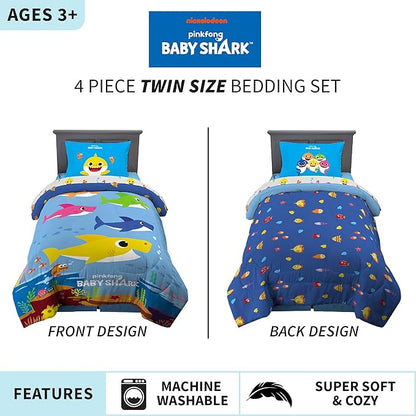 Franco Kids Bedding Super Soft Comforter and Sheet Set, 4 Piece Twin Size, Baby Shark