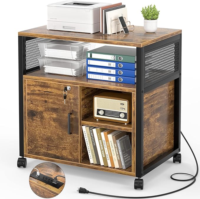 Unikito Lateral File Cabinet, Locking Office Filing Cabinets with Socket and USB Charging Port, Modern Rolling Printer Stand with Storage for A4, Letter Size and File Folders, Rustic Brown