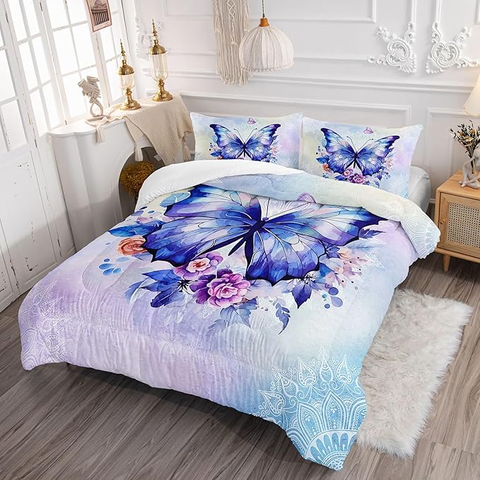 Datura home Kids Comforter Set Butterfly Printed Pattern Bedding Set with 1 Comforter and 2 Pillowcases for Girls Boys Bedroom All Season(Butterfly3 Twin)