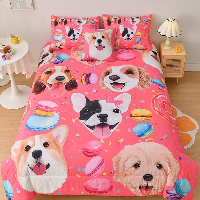 DORCAS Pink Girls Bedding Sets Full with Comforter and Sheets Cute Dog Comforter Set Full Girls,6 Pieces Animal Bedding Sets Full with Sheets for Kids